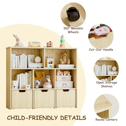 Solid Pine Wood Toy Organizer with 3 Rolling Drawers and 5 Storage Cubes