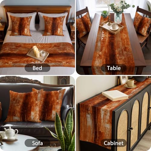 Burnt Orange Bed Runner and Pillow Covers Set - Abstract Art Queen Bed Scarf