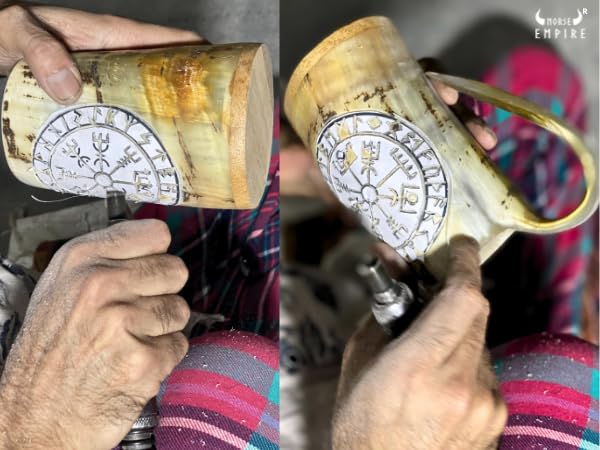 Norse Empire 5 Inch Viking Horn Mug - Handmade 12oz Medieval Norse Drinkware with Compass Finish, Perfect for Beer & Mead Gift