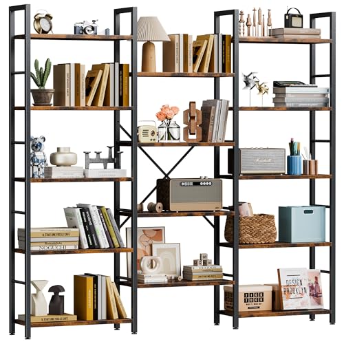 5-Tier Triple Column Industrial Bookshelf, Wide Open Display Bookcase