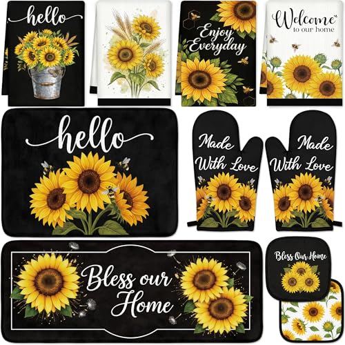 10-Piece Sunflower Kitchen Decor Set: Rugs, Oven Mitts, Towels & Holders