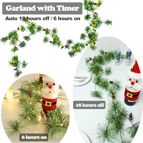 Palonym Pre-lit Christmas Garland with 81 Pine Needles & 40 LED Lights, 9.84 ft with Pine Cones, Battery-Operated w/ Timer