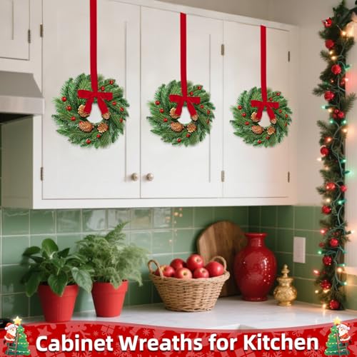 AMENON 4 Pcs Mini Christmas Wreaths for Kitchen Cabinets, Holiday Decor