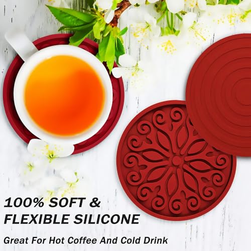 QUSUM 2-Pack Red Silicone Drink Coasters - Non-Slip, Durable & Heat-Resistant