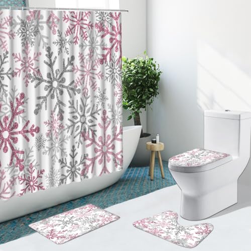 Yilinata Snowflake Pink Shower Curtain Set 4 Pcs Christmas Bathroom Decor
