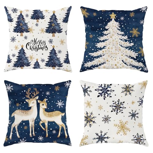Navy Blue Christmas Throw Pillow Covers Set of 4 18x18 | Velvet Home Decor Pillowcases