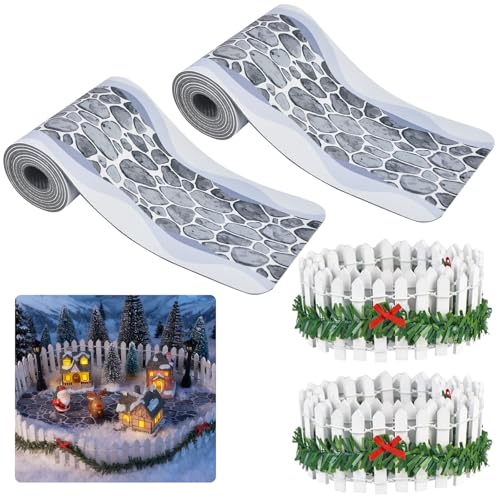 4PCS Christmas Village Accessories Sets, 2PCS 4.7" x 47.2"Christmas Village Brick Snow Road Street Mat & 2PCS 35"Wooden Picket Fence,Villages Landscape Road Mats Decoration for DIY Miniature Landscape