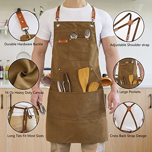 Heavy Duty 100% Cotton Canvas BBQ Apron with Pockets - Adjustable Cross Back
