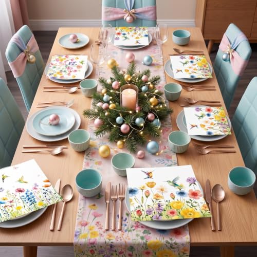 Fulmoon 200 Pcs Pastel Wildflower Cocktail Napkins - Hummingbird Design, 5-inch Disposable Party Paper Towels