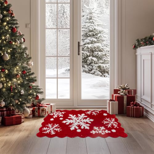 Ortiga 20x32 Merry Christmas Snow Bath Mat with Scallop - Red & White (1'8" x 2'8")