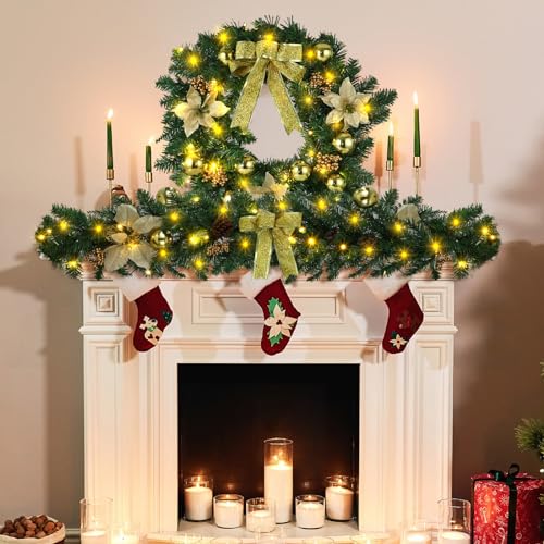 Pre Lit Christmas Garland and Wreath Set - Gold Holiday Decor, Indoor & Outdoor