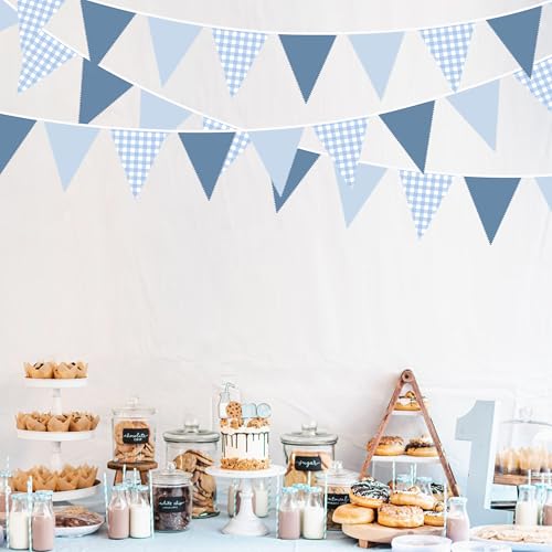 32ft Dusty Blue Gingham Fabric Pennant Banner - Reusable Triangle Flag Garland