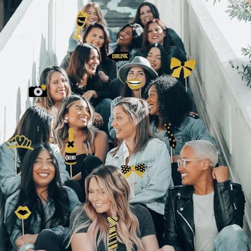 30 Pack Birthday Photo Booth Props Kit - Gold & Black Party Decorations