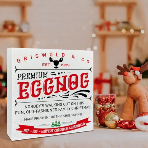 White Premium Eggnog Wooden Box Sign - Christmas Holiday Decor for Kitchen & Living Room