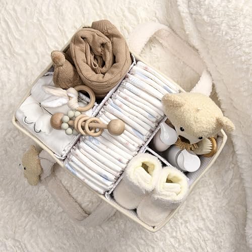 PeraBella Sherpa Baby Diaper Caddy Organizer with Handle & Teddy Bear