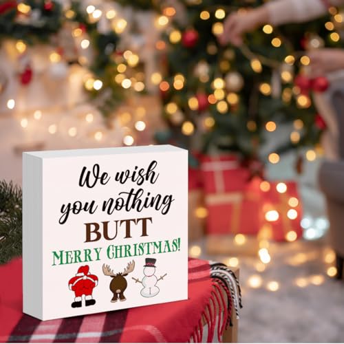 Funny Christmas Sign Decor for Bathroom We Wish You Nothing Butt Merry Christmas Wood Block Sign - Variation D