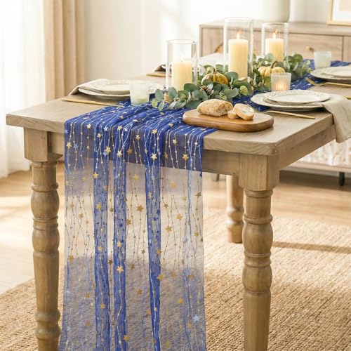 Artoid Mode 28x120 Inch 6pc Dark Blue Glitter Gauze Table Runner for Wedding & Party Decor