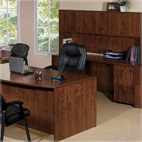 Office Hutch with Doors, 66-Inch Laminate Storage Unit, Cherry Finish
