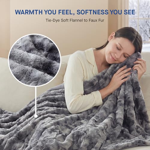 Electric Heated Throw Blanket, Faux Fur 50"x60", 6 Heat Settings, Grey