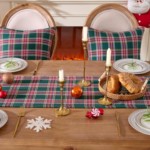 JOJOGOGO Green Tartan Plaid Christmas Table Runner 108 x 13 Inches - Festive Holiday Decor