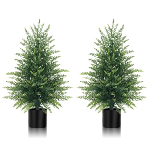 Yangrass 2 Pack 2FT Artificial Cedar Topiary Trees with Pots for Outdoor Front Porch