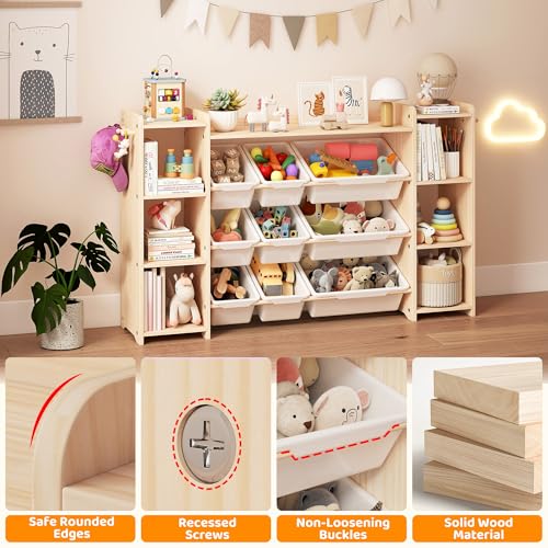 Solid Wood Kids Toy Storage Organizer with Bookshelf, 9 Bins & 6 Hooks