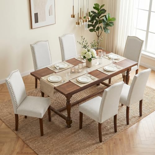 Upholstered Dining Chair Set of 6, Farmhouse Fabric Kitchen Chairs with Wood Legs