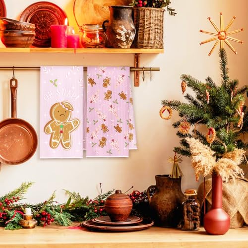 Pink Gingerbread Tree Christmas Kitchen Towels, Cute Dish Tea Preppy