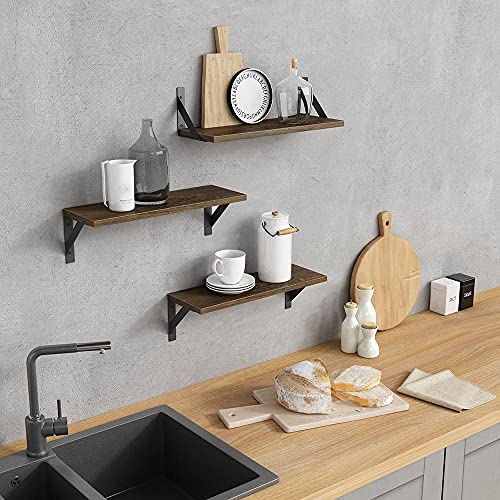 Rustic Floating Wall Shelves - 17 Inch Wood Bookshelf Set of 3