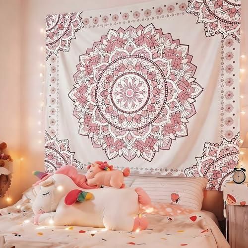 Pink Boho Mandala Wall Tapestry - Floral Aesthetic Room Decor (51x60 in)