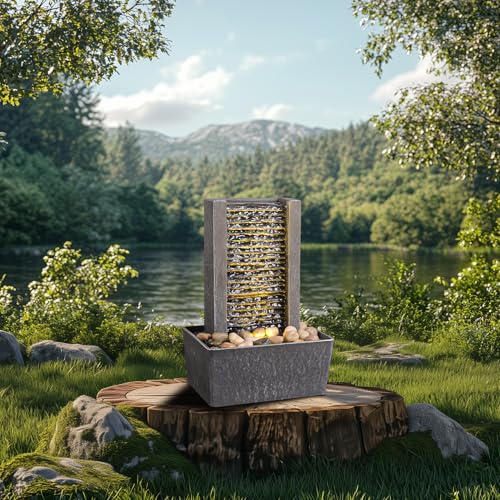 Modern Tabletop Water Fountain with Warm LED Light & Natural River Rocks