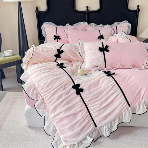 Ruffled Lace Duvet Cover Set with Bow - Queen Size Pink Princess Bedding
