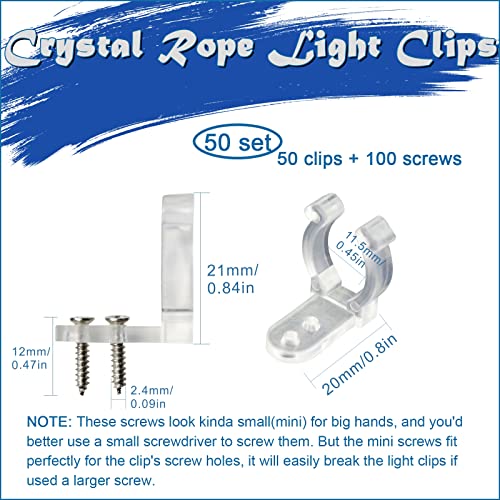 50 Pack 1/2 Inch Rope Light Mounting Clips with 100 Screws, Clear