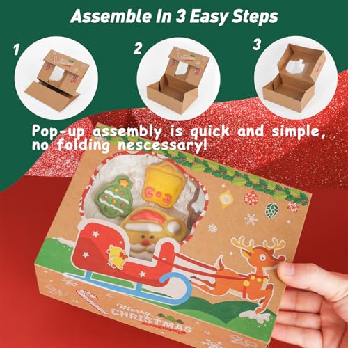 YEKTFS 12-Pack Christmas Cookie Tins with Window, 8.25x6x2.75 in Large Brown Gift Boxes with Lids - Cardboard