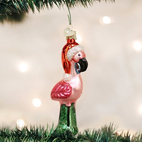 Glass Pink Flamingo Christmas Ornament with Santa Hat Handcrafted Decor
