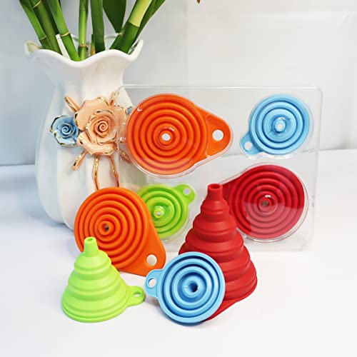 Collapsible Silicone Kitchen Funnel Set - 4 Pack Food Grade Folding Funnels
