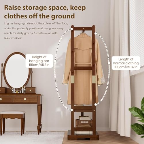 Solid Wood Freestanding Coat Rack with Shelves and 5 Hooks
