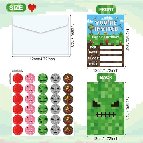 30-Piece Pixel Video Game Birthday Party Invitations with Envelopes & Stickers