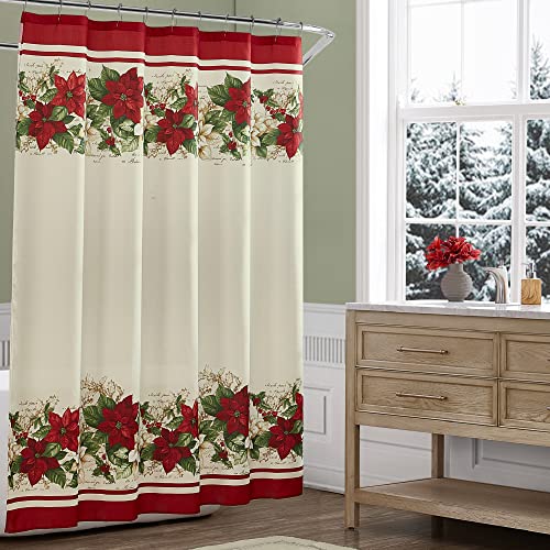 Poinsettia Holiday Fabric Shower Curtain - Red White, 70 x 72 in