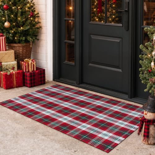 Collive 2x4.3 ft Christmas Red and White Checkered Outdoor Porch Rug