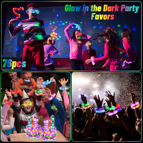 Oleitodh 76 Pcs Glow Light Up Pop Tubes & LED Glasses Party Favors - Shutter LED Glasses & Pop Tube Set