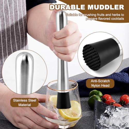 8-Inch Stainless Steel Cocktail Muddler, 10-Inch Mixing Spoon & 2.76-Inch Jigger Bar Tool Set