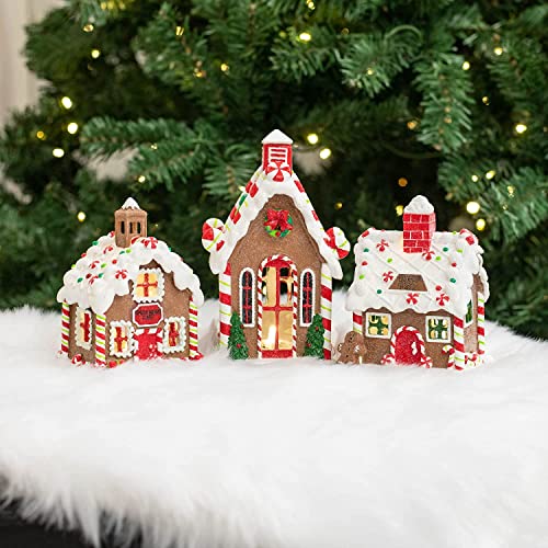 Red Gingerbread Village Porcelain Tea Light Set - Church & Houses, 6 Inches