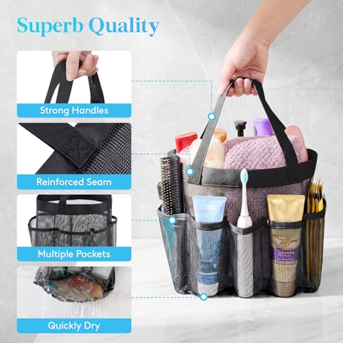 Mesh Shower Caddy Portable Quick Dry Tote Bag with 7 Pockets Black
