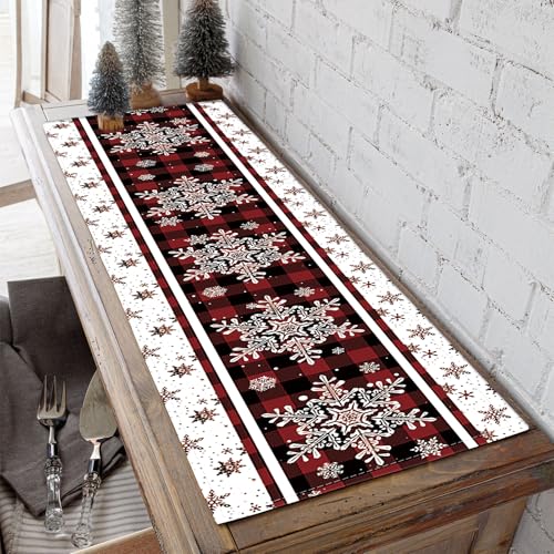 Niviy Snowflakes Christmas Table Runner 13x108 Inches with Buffalo Plaid - Holiday Kitchen Decor