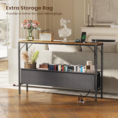 47.2" Narrow Console Table with Power Outlets and Storage Basket