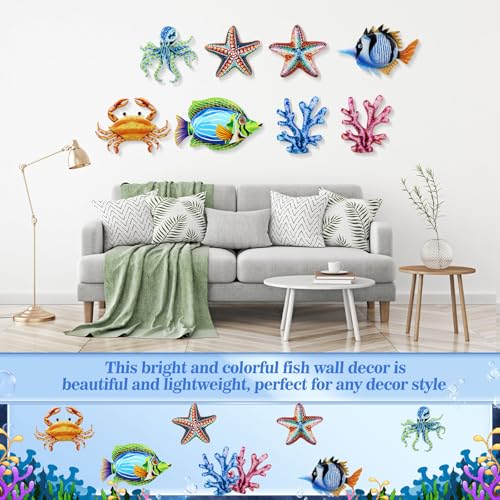 8-Piece Metal Coastal Wall Art Set, Colorful Tropical Sea Life Sculptures