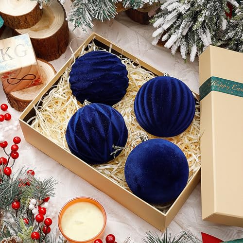 Liliful 12 Pcs Velvet Christmas Ball Ornaments, 4 Inch Blue - Shatterproof, Flocked Velvet Texture