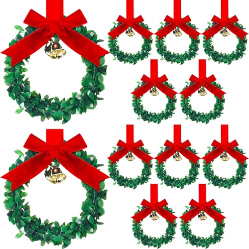 12-Piece 6-Inch Mini Christmas Wreaths with Velvet Bows and Gold Bells