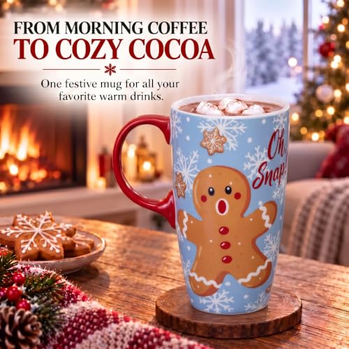 Topadorn Light Blue Christmas Ceramic Travel Mug with Gingerbread Man Lid 17oz